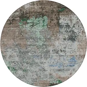 Photo of 8' Taupe And Ivory Round Abstract Washable Indoor Outdoor Area Rug