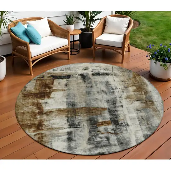 8' Taupe And Ivory Round Abstract Washable Indoor Outdoor Area Rug Photo 2