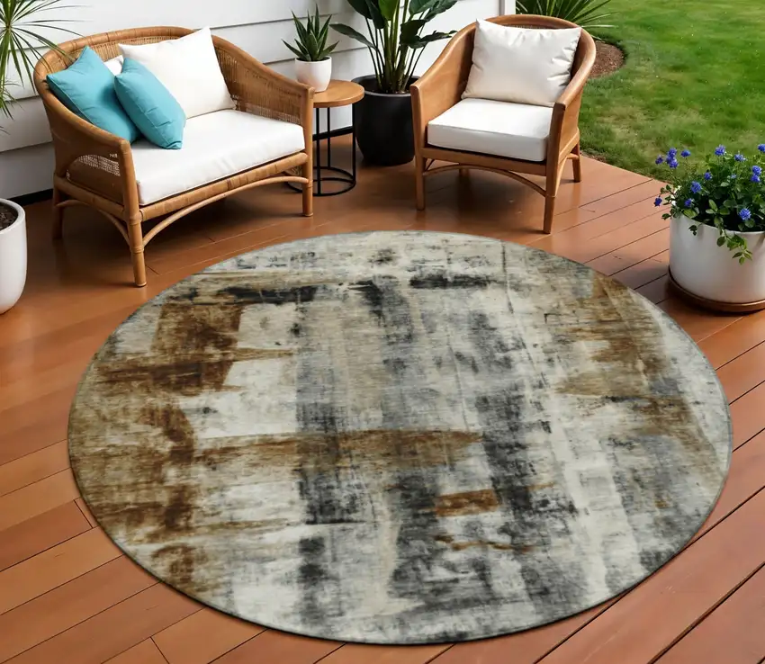 8' Taupe And Ivory Round Abstract Washable Indoor Outdoor Area Rug Photo 2