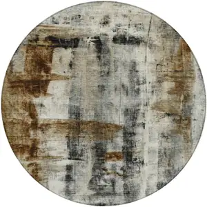 Photo of 8' Taupe And Ivory Round Abstract Washable Indoor Outdoor Area Rug