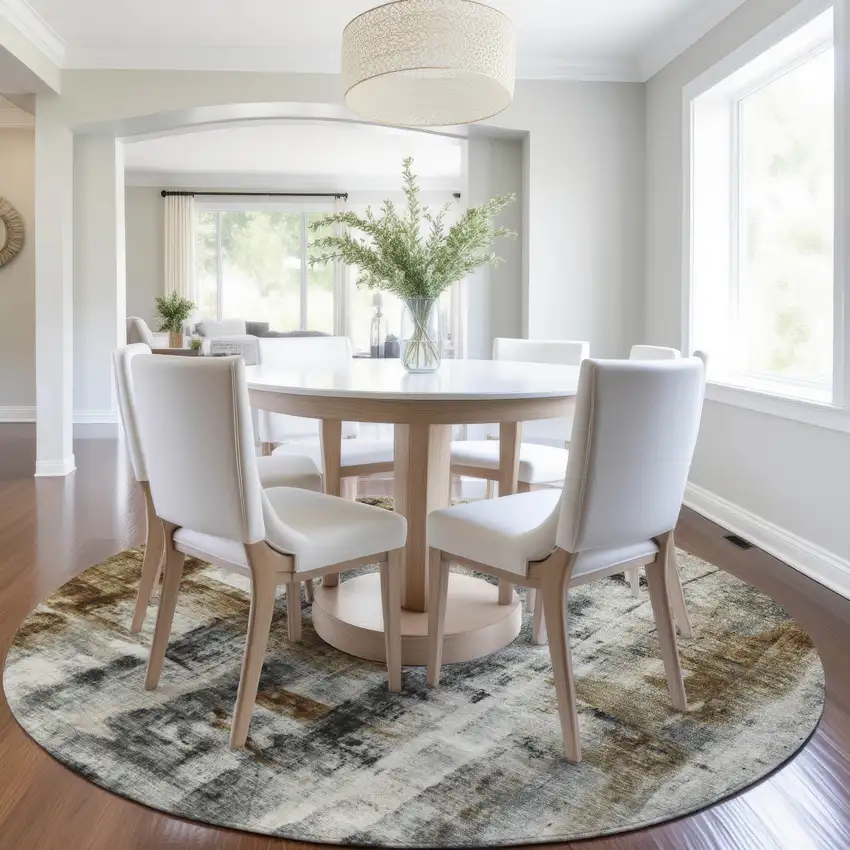 8' Taupe And Ivory Round Abstract Washable Indoor Outdoor Area Rug Photo 6