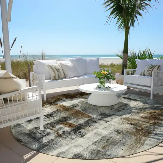 8' Taupe And Ivory Round Abstract Washable Indoor Outdoor Area Rug Photo 5