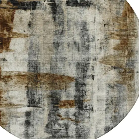 8' Taupe And Ivory Round Abstract Washable Indoor Outdoor Area Rug Photo 8