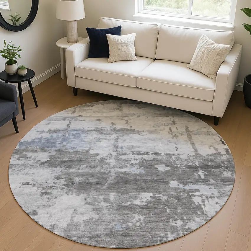 8' Taupe And Ivory Round Abstract Washable Indoor Outdoor Area Rug Photo 5