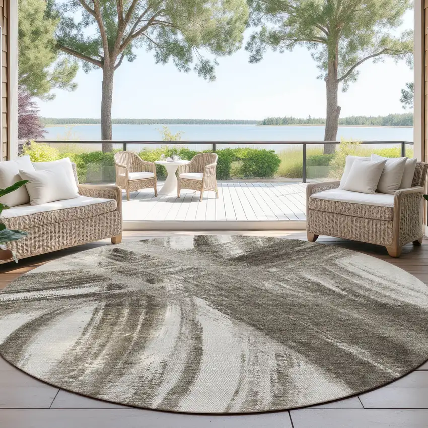 8' Taupe And Ivory Round Abstract Washable Indoor Outdoor Area Rug Photo 3