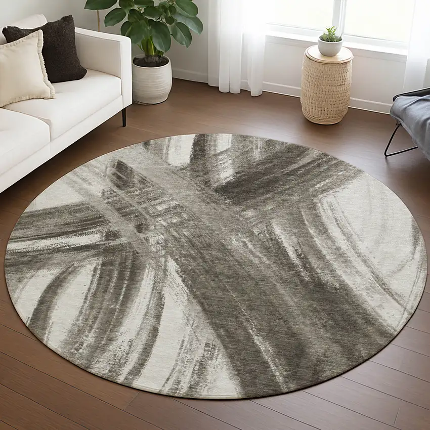 8' Taupe And Ivory Round Abstract Washable Indoor Outdoor Area Rug Photo 4