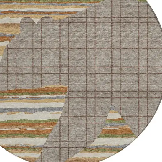 8' Taupe And Ivory Round Abstract Washable Indoor Outdoor Area Rug Photo 2