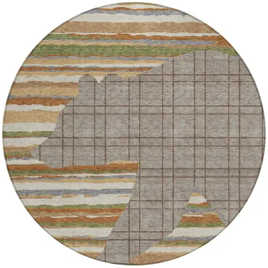 8' Taupe And Ivory Round Abstract Washable Indoor Outdoor Area Rug Photo 3