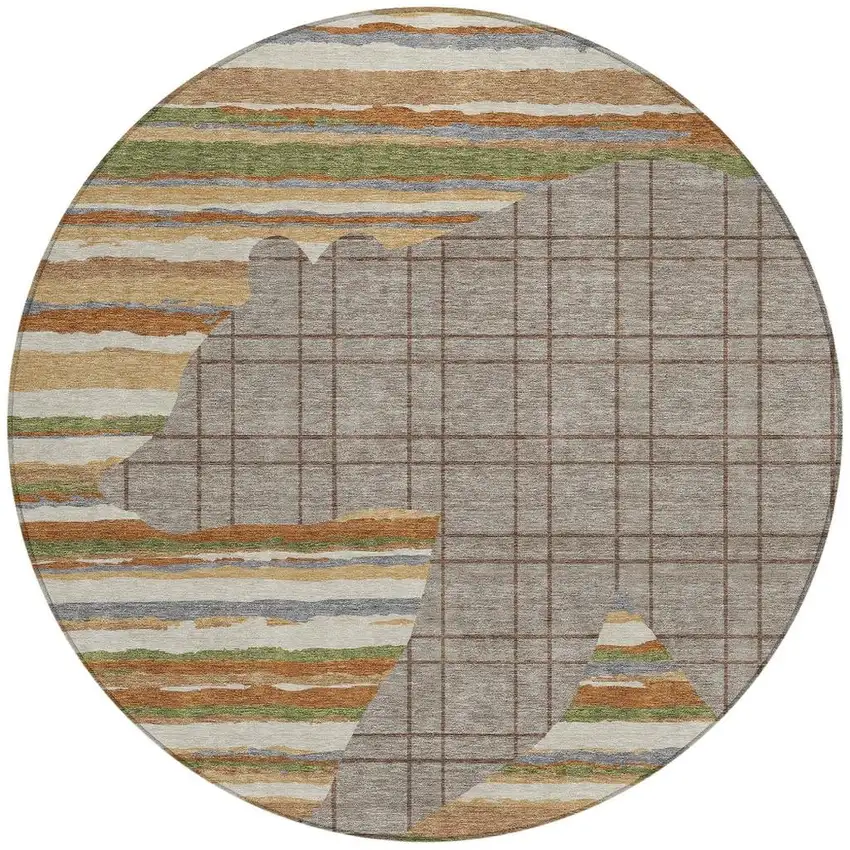 8' Taupe And Ivory Round Abstract Washable Indoor Outdoor Area Rug Photo 3