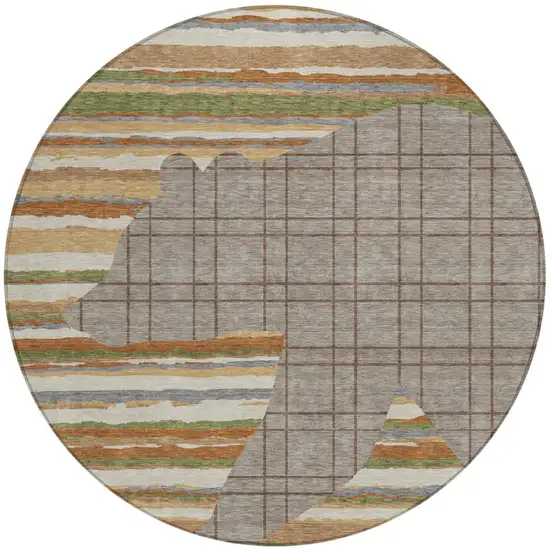 8' Taupe And Ivory Round Abstract Washable Indoor Outdoor Area Rug Photo 1