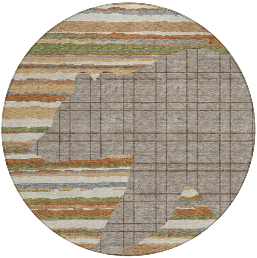 8' Taupe And Ivory Round Abstract Washable Indoor Outdoor Area Rug Photo 1