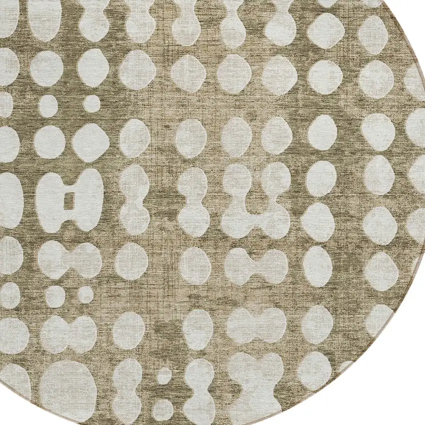 8' Taupe And Ivory Round Abstract Washable Indoor Outdoor Area Rug Photo 4