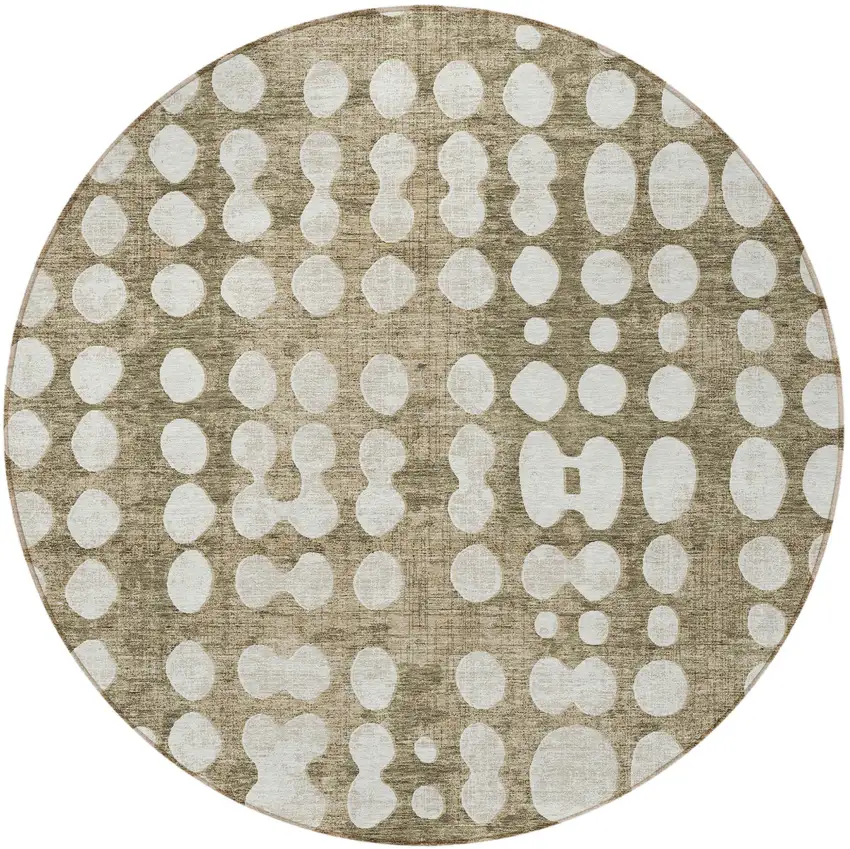 8' Taupe And Ivory Round Abstract Washable Indoor Outdoor Area Rug Photo 5