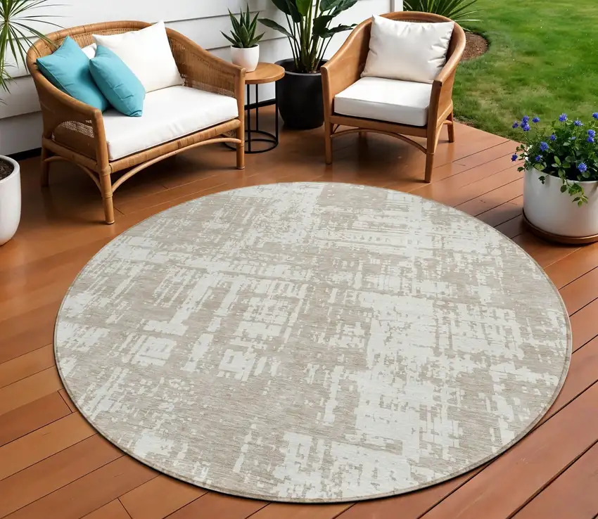 8' Taupe And Ivory Round Abstract Washable Indoor Outdoor Area Rug Photo 1
