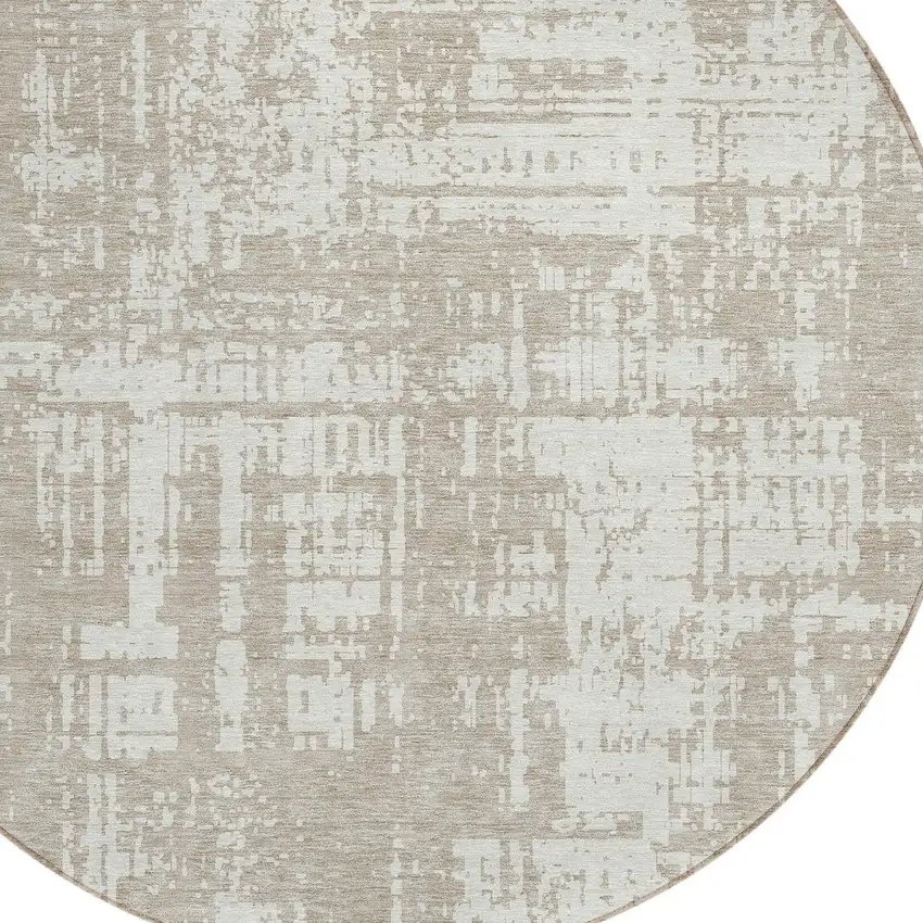 8' Taupe And Ivory Round Abstract Washable Indoor Outdoor Area Rug Photo 4