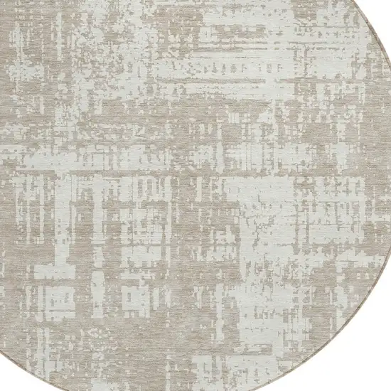 8' Taupe And Ivory Round Abstract Washable Indoor Outdoor Area Rug Photo 4