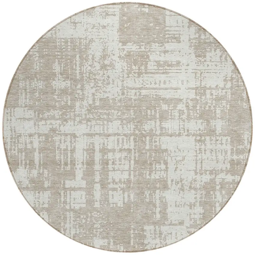8' Taupe And Ivory Round Abstract Washable Indoor Outdoor Area Rug Photo 5