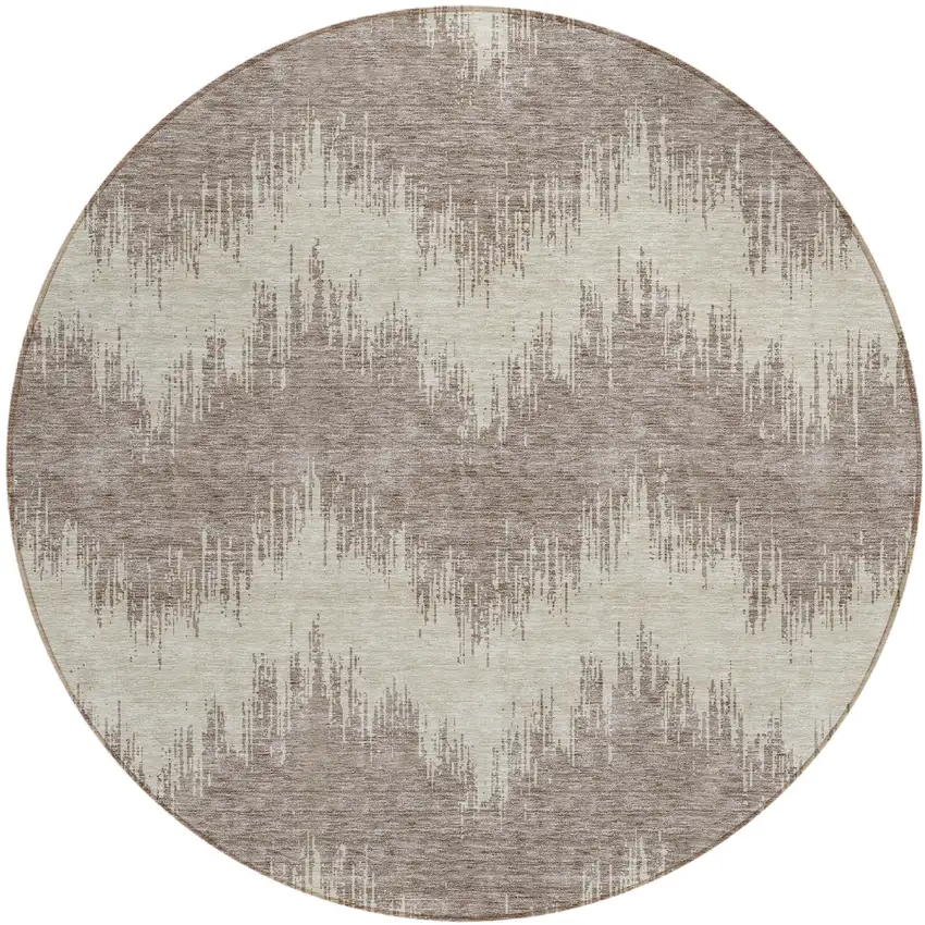 8' Taupe And Ivory Round Chevron Washable Indoor Outdoor Area Rug Photo 2