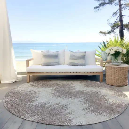 8' Taupe And Ivory Round Chevron Washable Indoor Outdoor Area Rug Photo 6