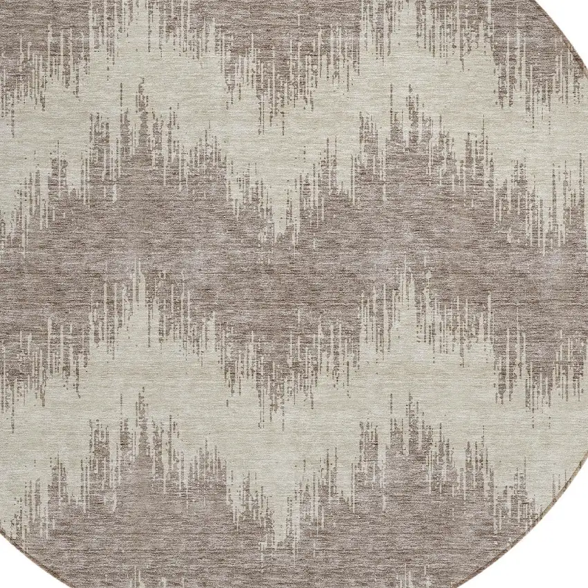 8' Taupe And Ivory Round Chevron Washable Indoor Outdoor Area Rug Photo 4