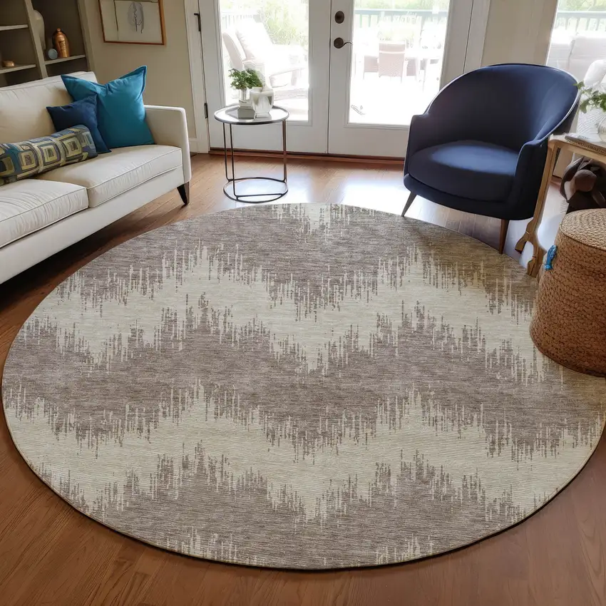 8' Taupe And Ivory Round Chevron Washable Indoor Outdoor Area Rug Photo 7