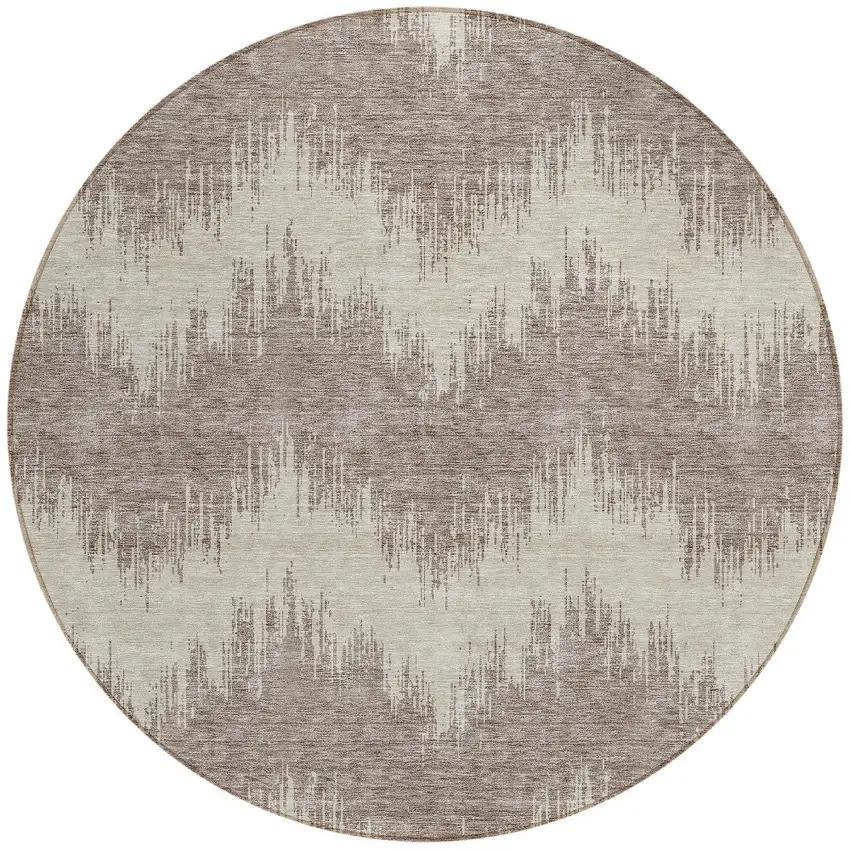 8' Taupe And Ivory Round Chevron Washable Indoor Outdoor Area Rug Photo 5
