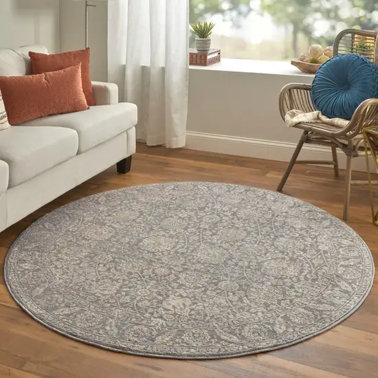 6' Taupe And Ivory Round Floral Power Loom Area Rug Photo 2