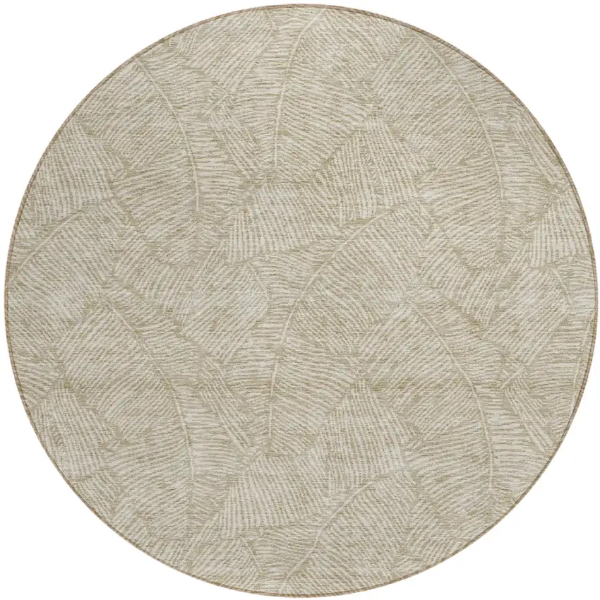 8' Taupe And Ivory Round Floral Washable Indoor Outdoor Area Rug Photo 2