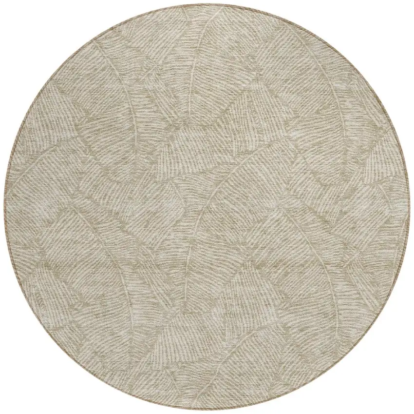 8' Taupe And Ivory Round Floral Washable Indoor Outdoor Area Rug Photo 5