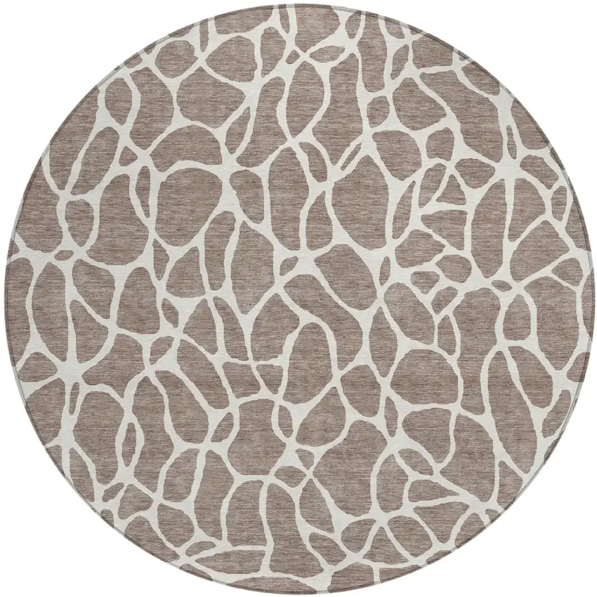 8' Taupe And Ivory Round Geometric Washable Indoor Outdoor Area Rug Photo 2