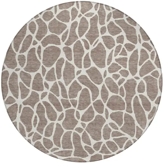 8' Taupe And Ivory Round Geometric Washable Indoor Outdoor Area Rug Photo 2