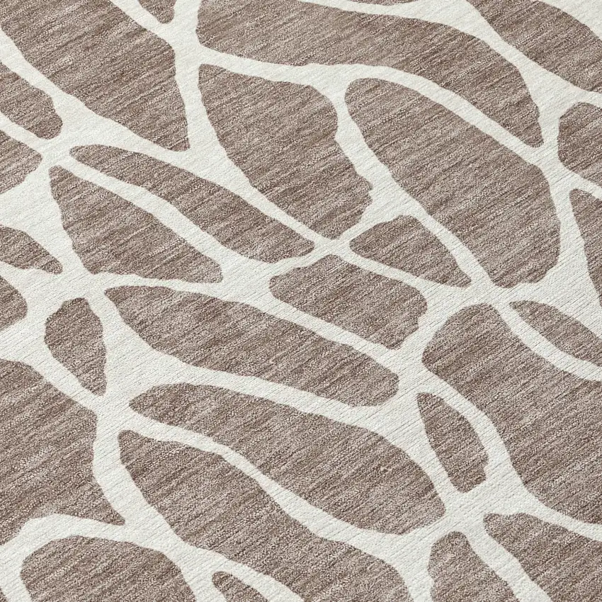 8' Taupe And Ivory Round Geometric Washable Indoor Outdoor Area Rug Photo 8