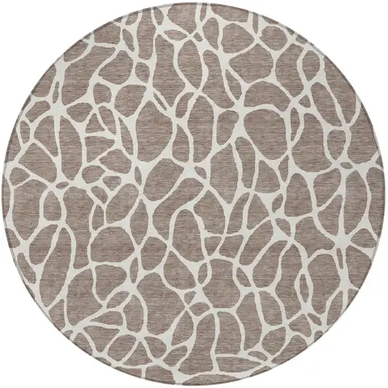 8' Taupe And Ivory Round Geometric Washable Indoor Outdoor Area Rug Photo 5