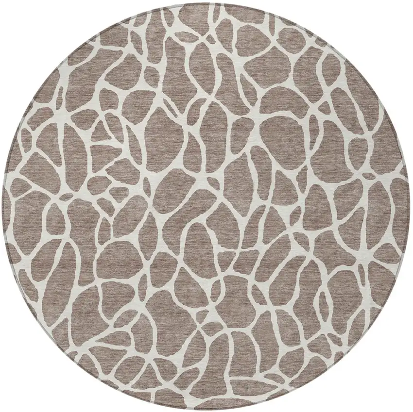 8' Taupe And Ivory Round Geometric Washable Indoor Outdoor Area Rug Photo 5