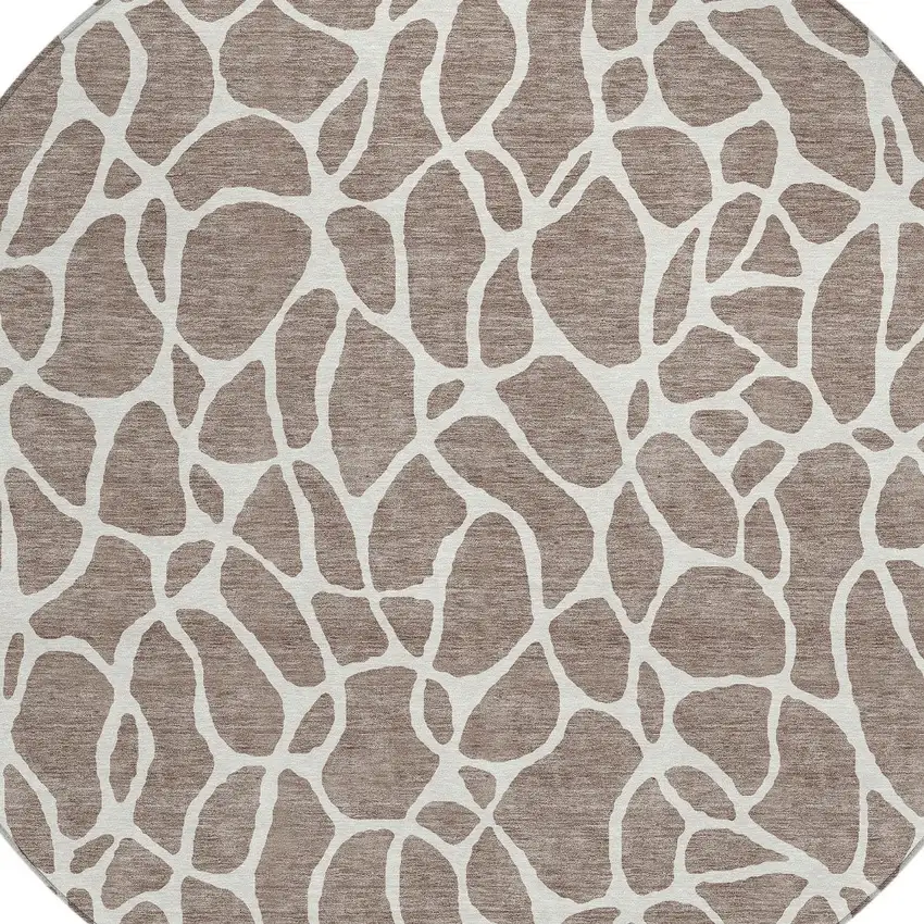 8' Taupe And Ivory Round Geometric Washable Indoor Outdoor Area Rug Photo 4