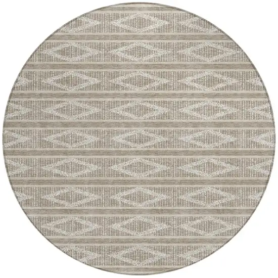 8' Taupe And Ivory Round Geometric Washable Indoor Outdoor Area Rug Photo 4