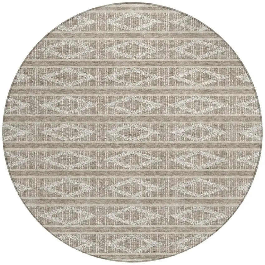8' Taupe And Ivory Round Geometric Washable Indoor Outdoor Area Rug Photo 4