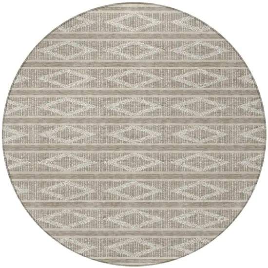 8' Taupe And Ivory Round Geometric Washable Indoor Outdoor Area Rug Photo 5