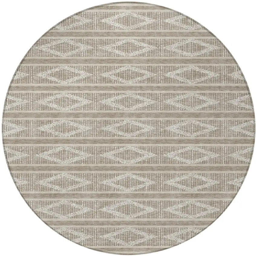 8' Taupe And Ivory Round Geometric Washable Indoor Outdoor Area Rug Photo 5