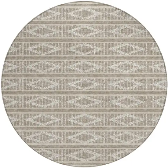 8' Taupe And Ivory Round Geometric Washable Indoor Outdoor Area Rug Photo 2