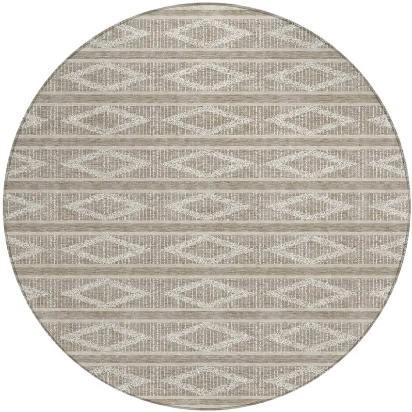 8' Taupe And Ivory Round Geometric Washable Indoor Outdoor Area Rug Photo 2