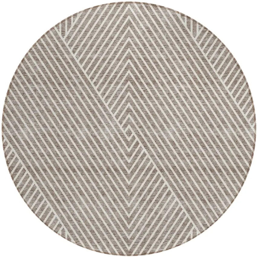 8' Taupe And Ivory Round Geometric Washable Indoor Outdoor Area Rug Photo 2