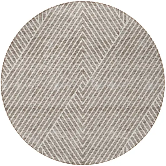 8' Taupe And Ivory Round Geometric Washable Indoor Outdoor Area Rug Photo 5