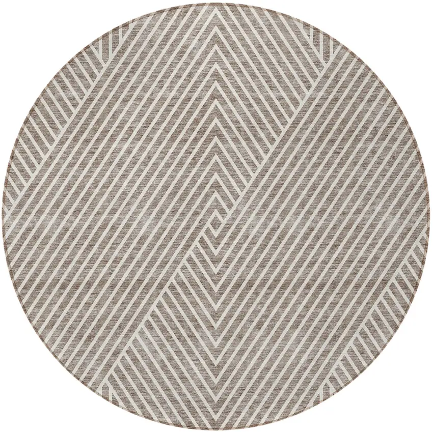 8' Taupe And Ivory Round Geometric Washable Indoor Outdoor Area Rug Photo 5