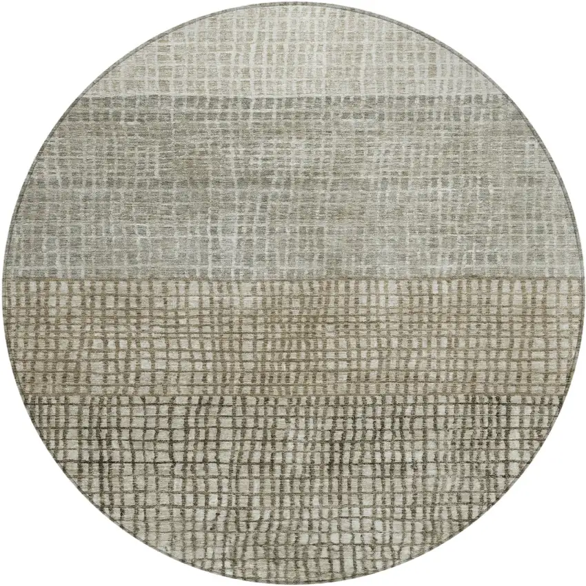 8' Taupe And Ivory Round Geometric Washable Indoor Outdoor Area Rug Photo 1