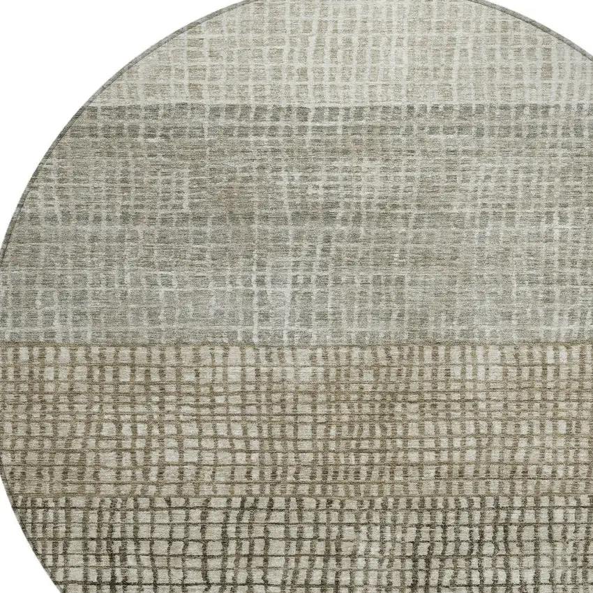 8' Taupe And Ivory Round Geometric Washable Indoor Outdoor Area Rug Photo 8