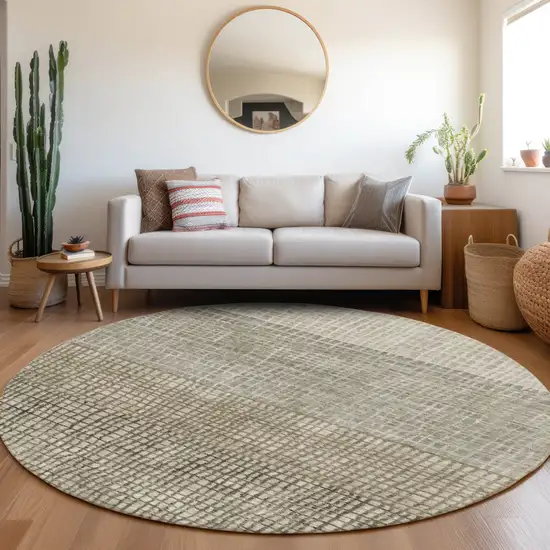 8' Taupe And Ivory Round Geometric Washable Indoor Outdoor Area Rug Photo 6