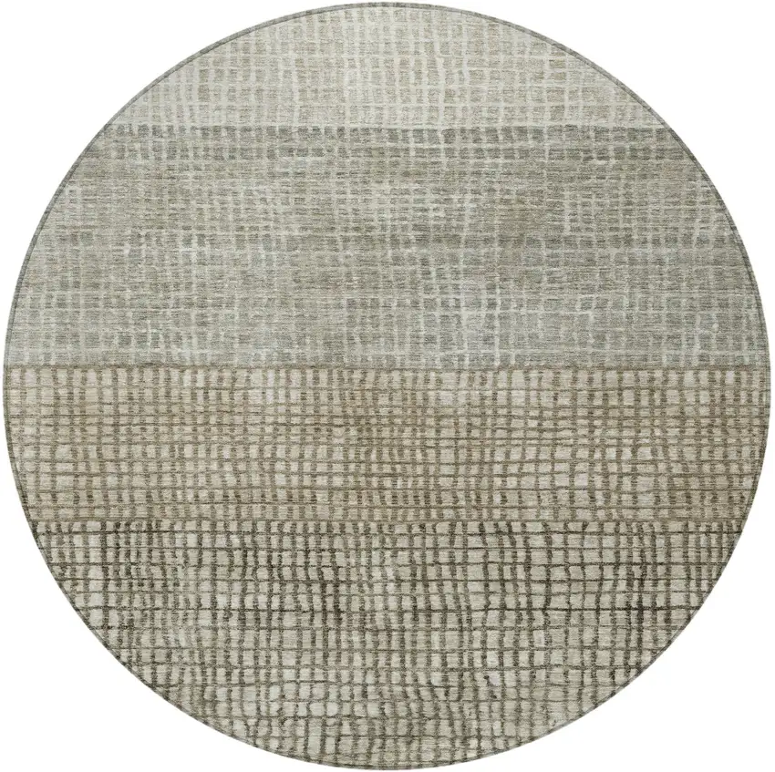 8' Taupe And Ivory Round Geometric Washable Indoor Outdoor Area Rug Photo 3
