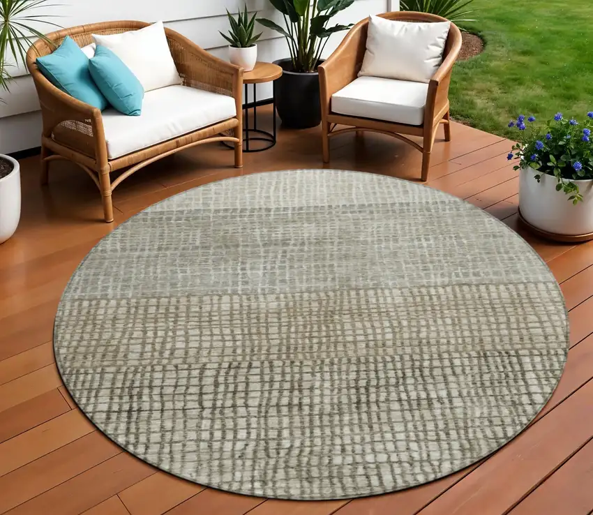 8' Taupe And Ivory Round Geometric Washable Indoor Outdoor Area Rug Photo 2