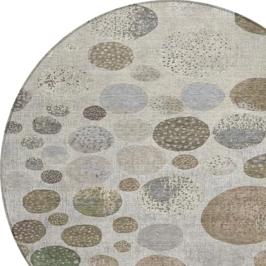 8' Taupe And Ivory Round Geometric Washable Indoor Outdoor Area Rug Photo 7